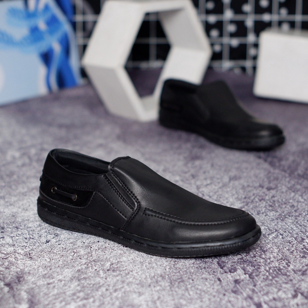 Sepatu Pantofel Hitam Pria Slip On Pendek Kulit Asli Casual Formal Kuliah Kerja Kantor Keren Sepatu Loafer Boi Pansus Pria