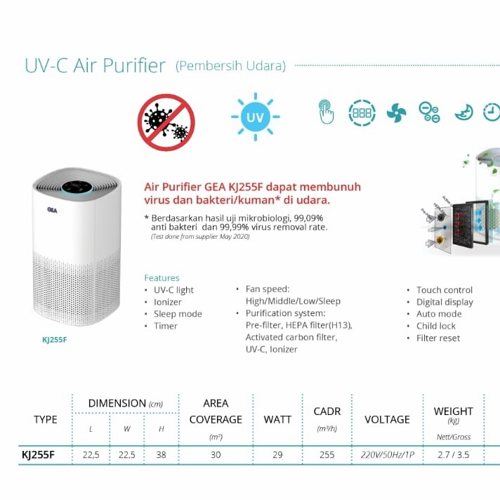 Air Purifier Gea KJ255F / UV C Air Purifier Gea KJ-255F / UVC Purifier