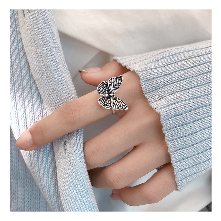 Cincin Jari Telunjuk Model Terbuka Desain Kupu-Kupu Bahan 925 Sterling Silver Gaya Retro Korea Untuk Wanita