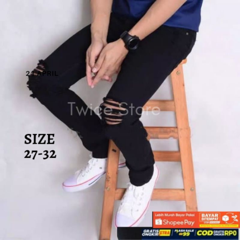 Celana Jeans Skinnya Pria Sobek Lutut Basic Black/Celana Jeans Ripped Pria Stretch Premium