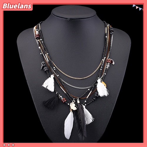 Bluelans Kalung Rantai Multilayer Hias Manik-Manik Bulu Rumbai Gaya Etnik Boho Untuk Wanita