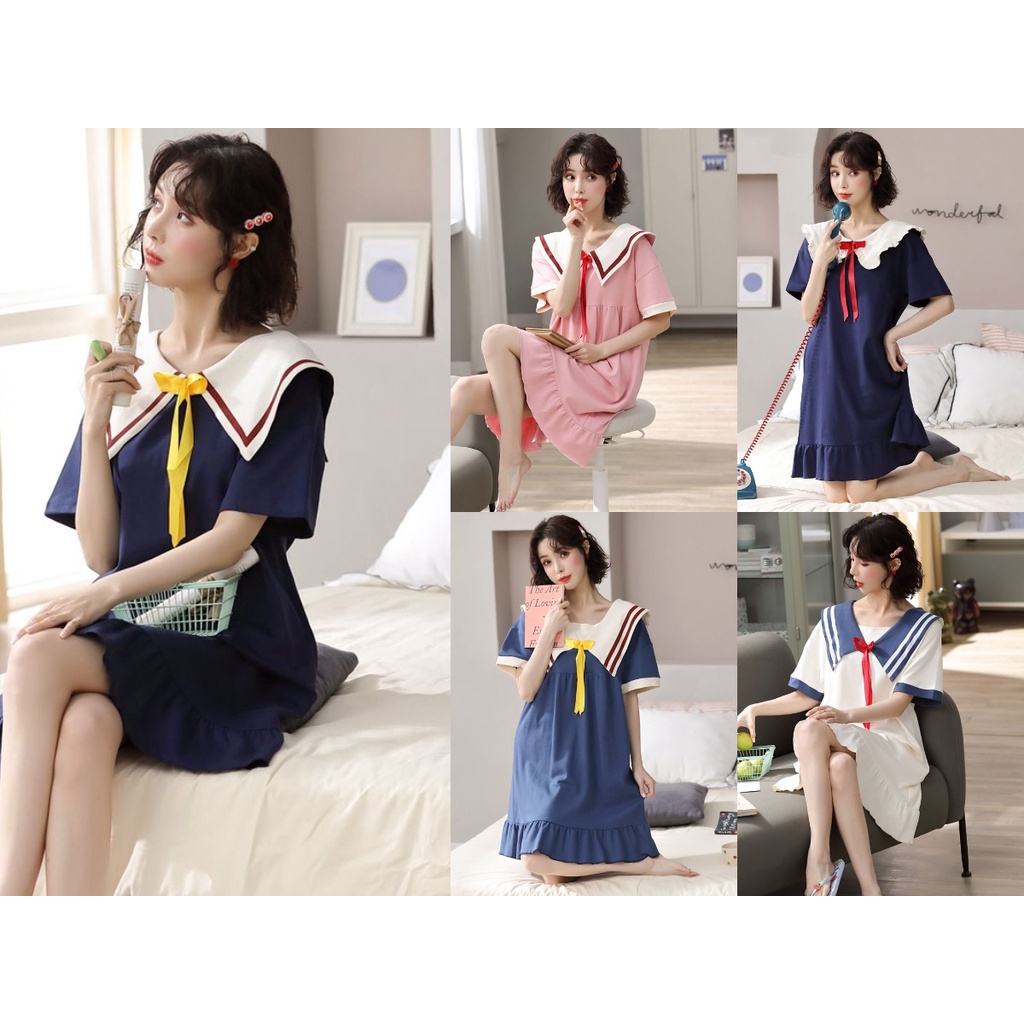 Lovera Baju Tidur Daster Katun Model Sailor Style Jepang Import Korea High Quality