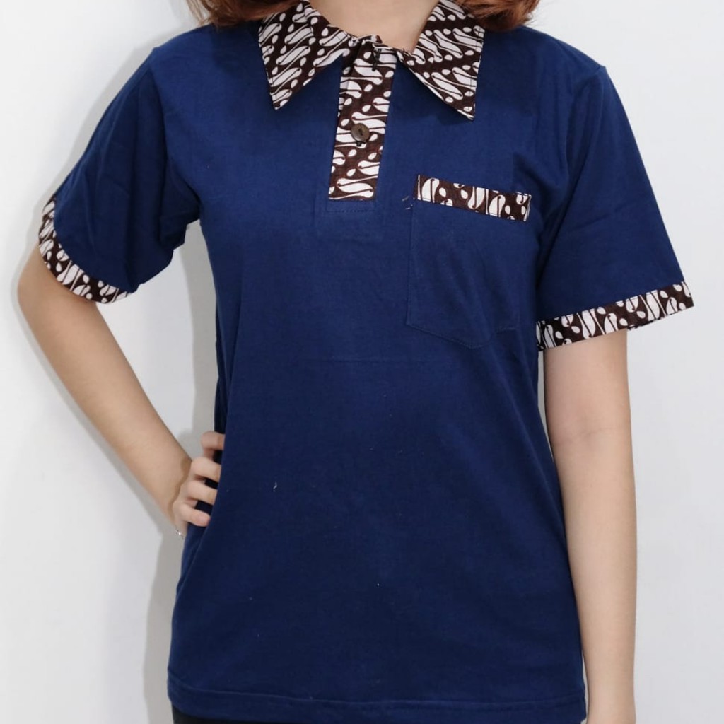 Kaos Krah Polo Batik Wanita Lengan Pendek Warna Navy Biru Donker Premium Jabrik Jogja