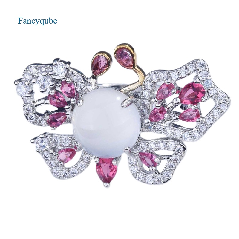Romantic Moonstone Pink Crystal Butterfly Rings For Women Fashion Vintage Sweet Ring Ladies Engagement Ring Female Girls Jewelry