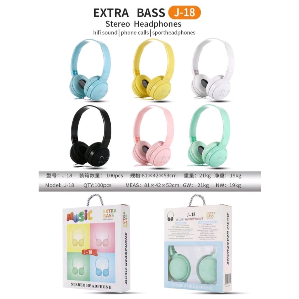 Headset-Headphone-Earphone Macaron J18 Stereo Extra Bass-Full Bass-Headset Gaming-Headset Trendy Motif Lucu j18 Macaron