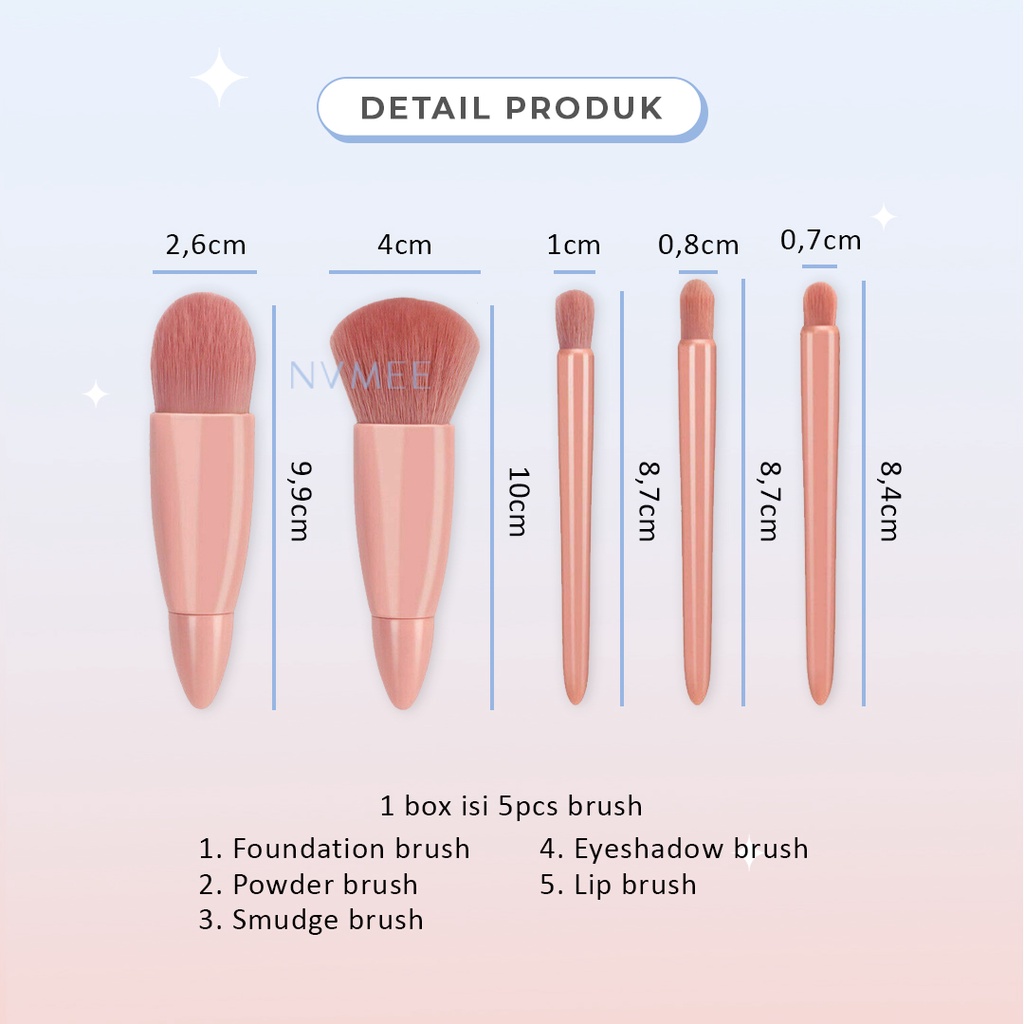 NVMEE - Mini Make Up Brush Kit Kuas Lembut Dilengkapi Cermin