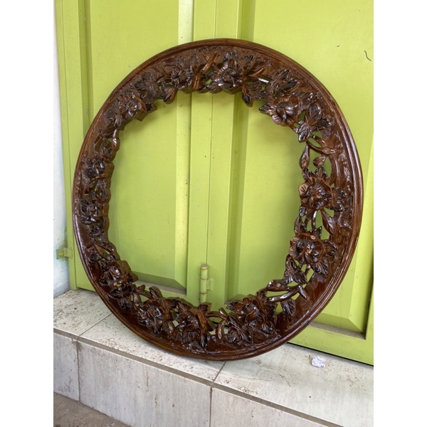 pigura kaca bunga mawar ukir jati jepara