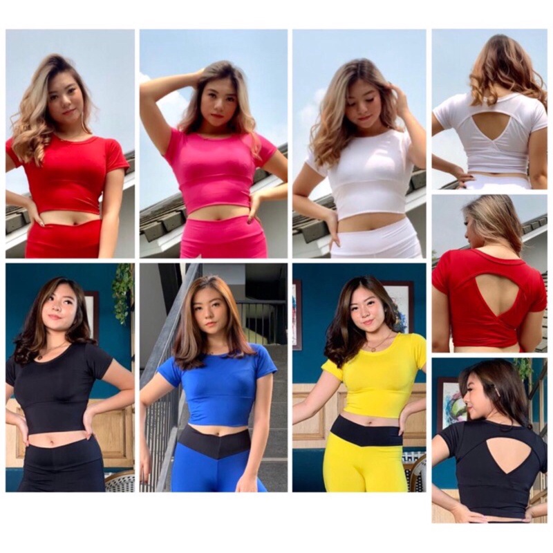 Atasan baju olahraga senam aerobik zumba fitness gym yoga running lari volley / crop top lengan luba