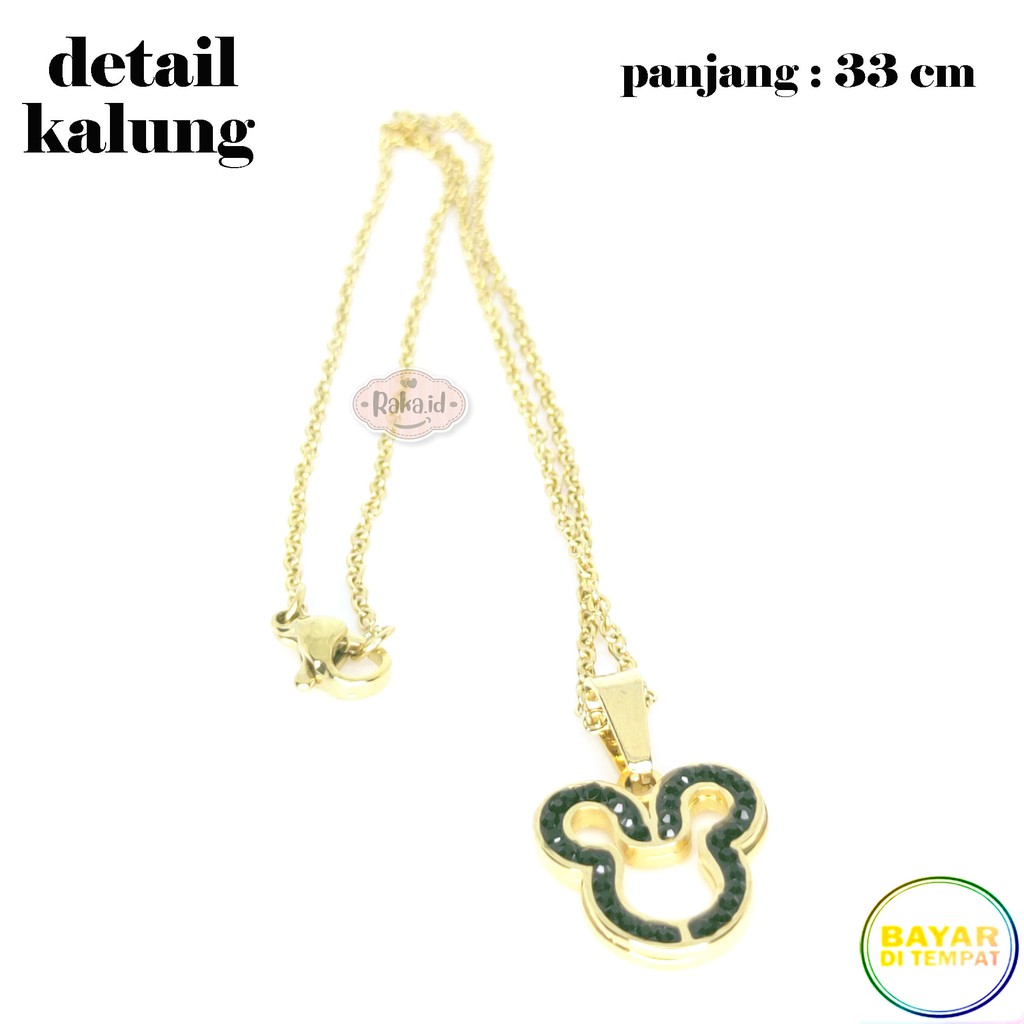 Paket Set Titanium Anak Kalung + Gelang + Cincin + Anting Mickey Hitam Stainless Steel Gold 638