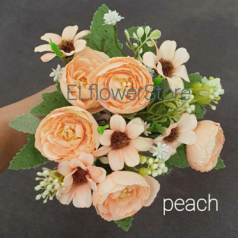 PEONY 5 kuntum + aster 5 kuntum + 5 babybreath BUNGA ARTIFICIAL PALSU Dekorasi-peach