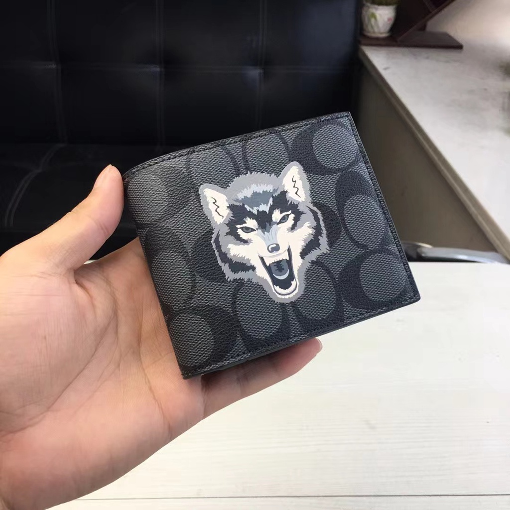 Dompet Coach 31522 Wallet Men Wolf Double Billfold Wallet In Signature