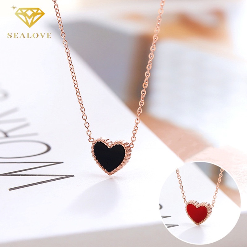 kalung titanium anti karat Wanita Hitam Merah Dua Sisi simple Hati Liontin necklace Aksesoris Korea