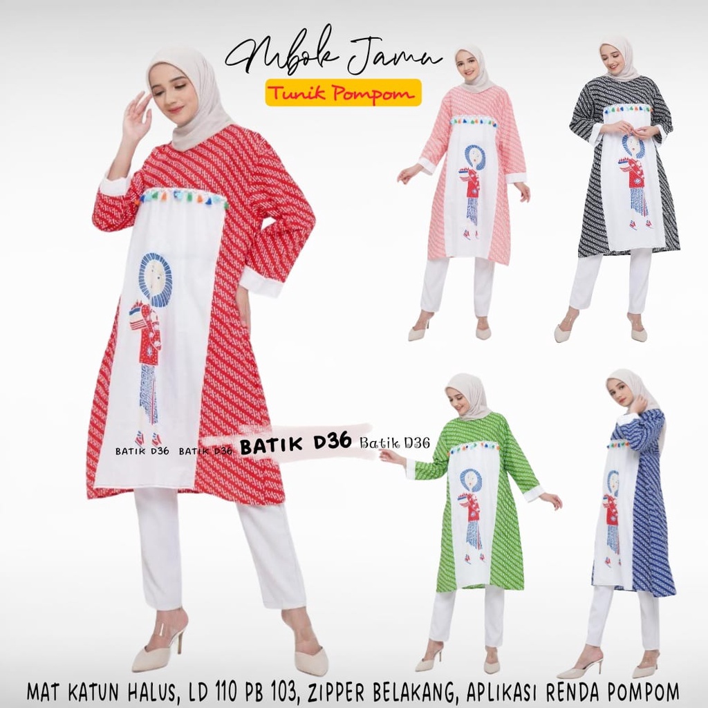 Mbak Jamu Tunik Pompom Batik Karakter Kartun Midi Dress Muslim Kantor Seragam Kerja