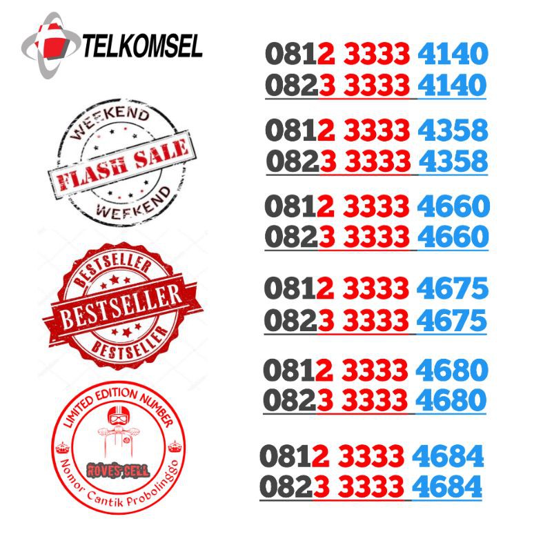 NOMOR CANTIK TELKOMSEL KWARTET PANCA PASANGAN COUPLE 3333 33333