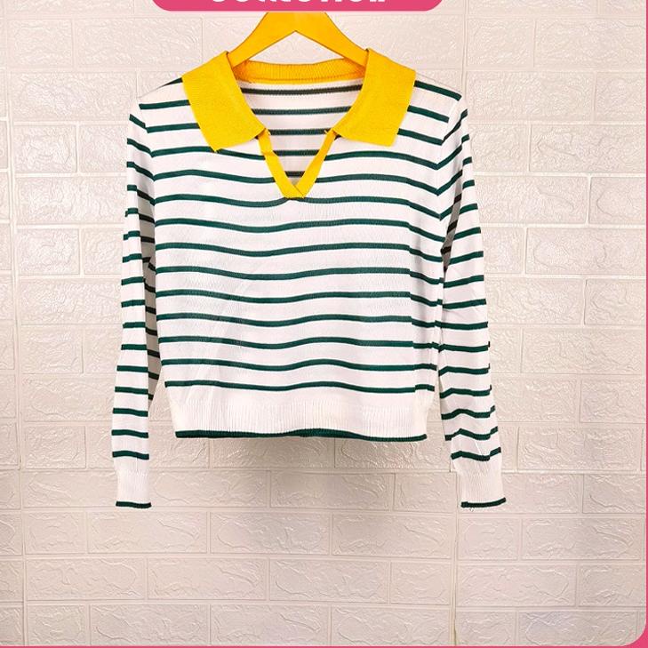 Update 【STOCK 】Sweater Crop Garis-Garis Leher-V Top/Lengan Panjang Sweater Atasan Wanita Rajut - BIS