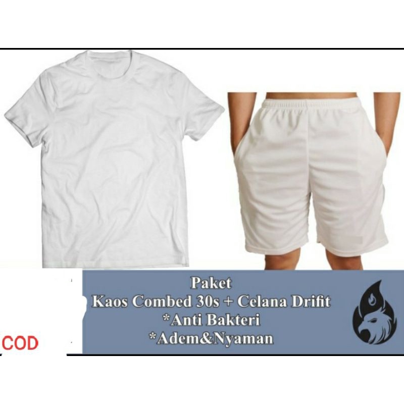 2in1 set bokser kaos putih polos / bokser kolor training pendek kaos oblong santai putih polos pria