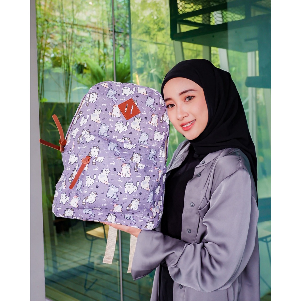 BACKPACK KUCING UNGU // taskanvasbdg - tas kanvas - tas ransel wanita - tas wanita - tas lucu - tas cewek