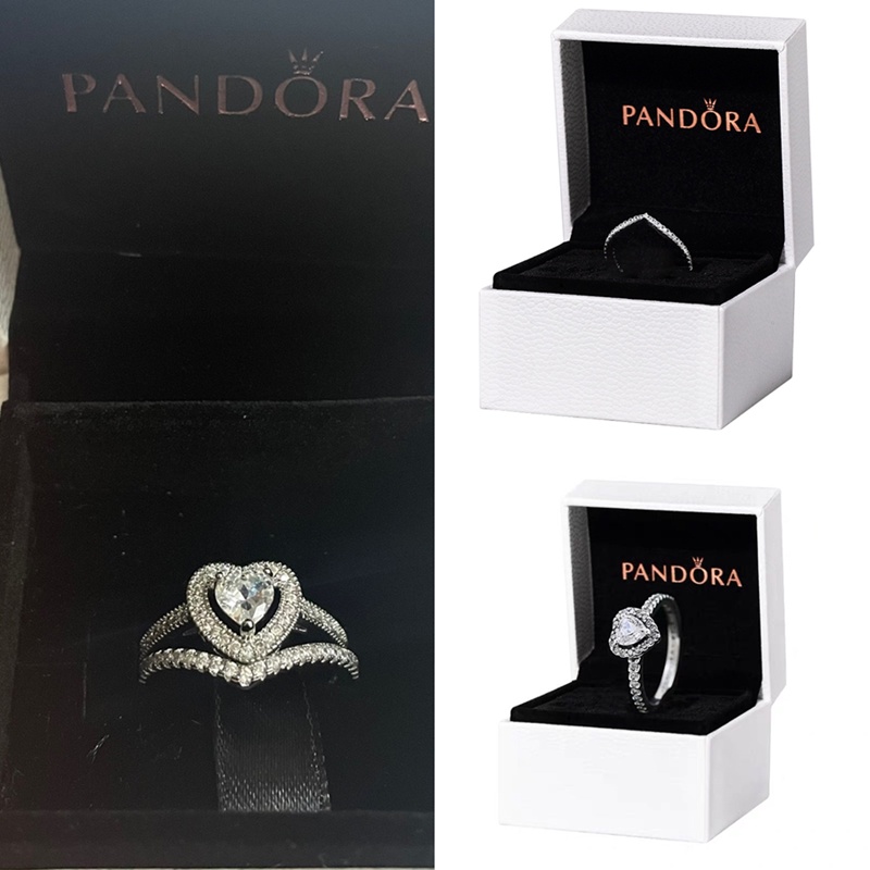 PANDORA 2pcs / Set Cincin 925 Silver Desain Hati Hias Kristal Kubik Zirkonia Untuk Pernikahan