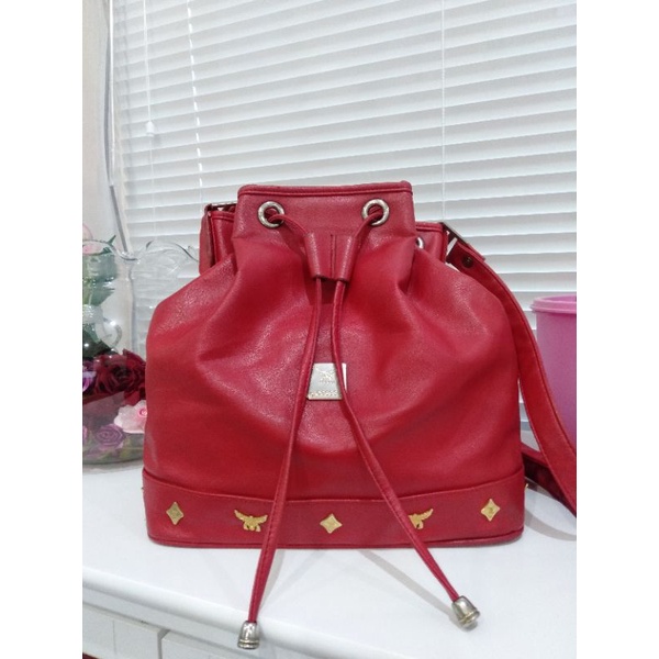 Tas Second Preloved Bag Serut MERAH ALA MCM BESAR KULIT kekinian
