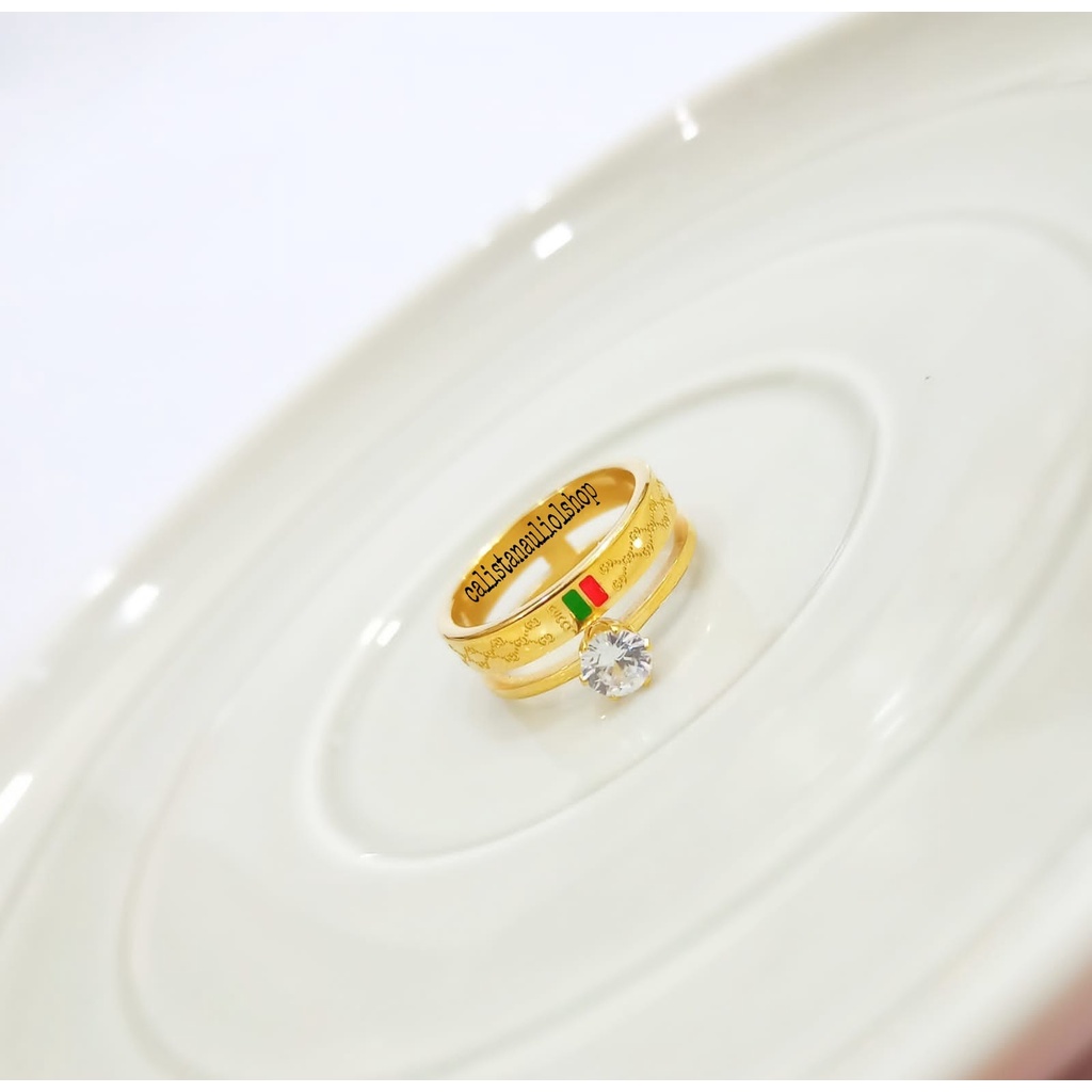 Cincin TITANIUM Permata Satu Diamond Lapis Emas Korea Anti Karat &amp; Tidak Luntur