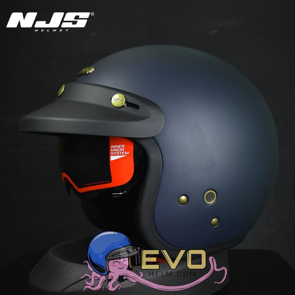 HELM NJS NX 2 RETRO SOLID DOUBLE VISOR INTERCOM FREE PET ORIGINAL 100%-Blue Navy Doff