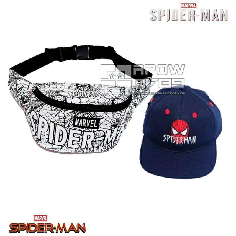 Paket 2in1 tas waistbag /tas slempang anak Spiderman / tas pinggang anak topi bordir Spiderman