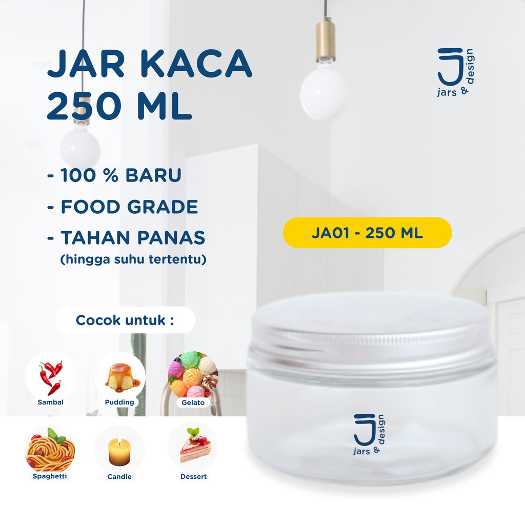 JA01 - Jar Kaca Tutup Aluminium 250ml / Toples Kaca Tutup Aluminium 250ml (MODEL PENDEK)