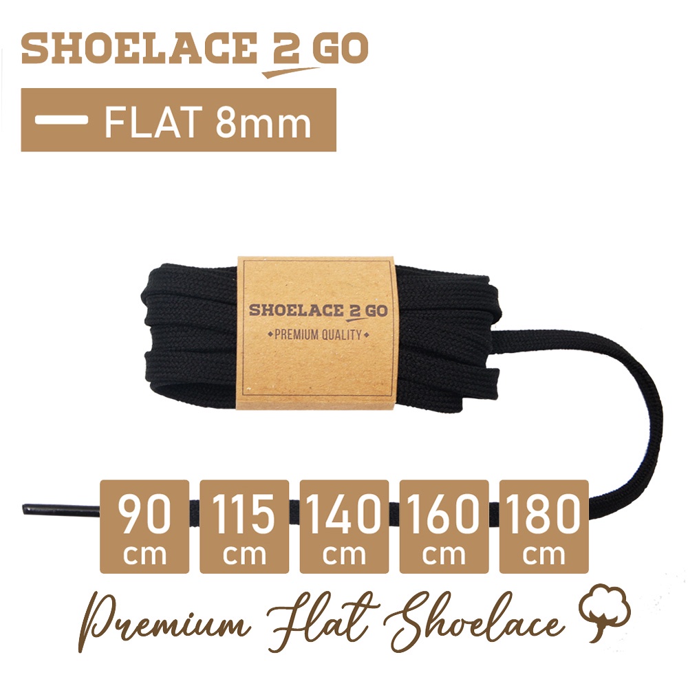 SHOELACE 2 GO PREMIUM TALI SEPATU GEPENG PIPIH FLAT - SF8 - B1 - BLACK - 8MM - 90CM 115CM 140CM 160CM 180CM 200CM