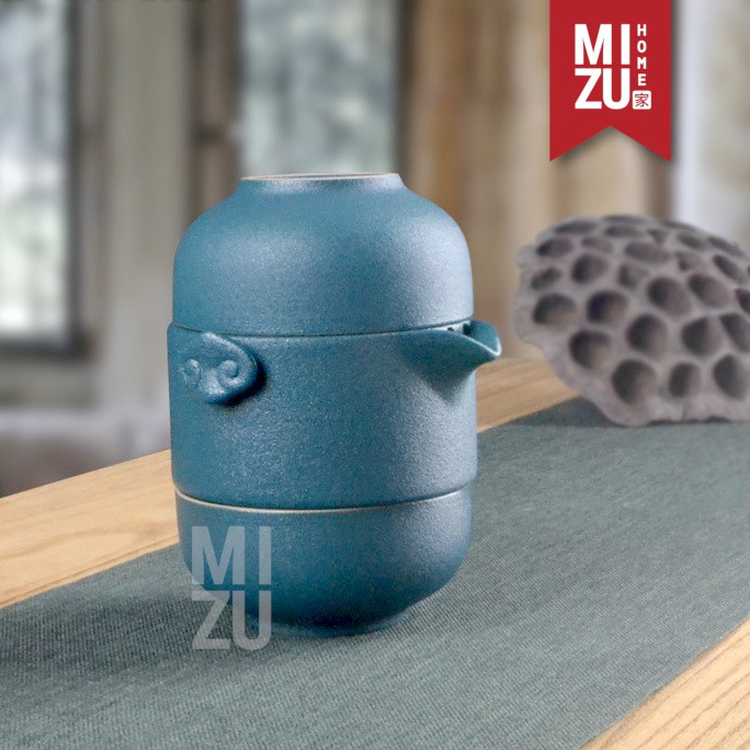 MIZU PENGUIN-CHA Dehua Ceramic Chinese Tea Travel Set Teko 2 Cangkir Carry Case-NAVY BLUE Biru Tua