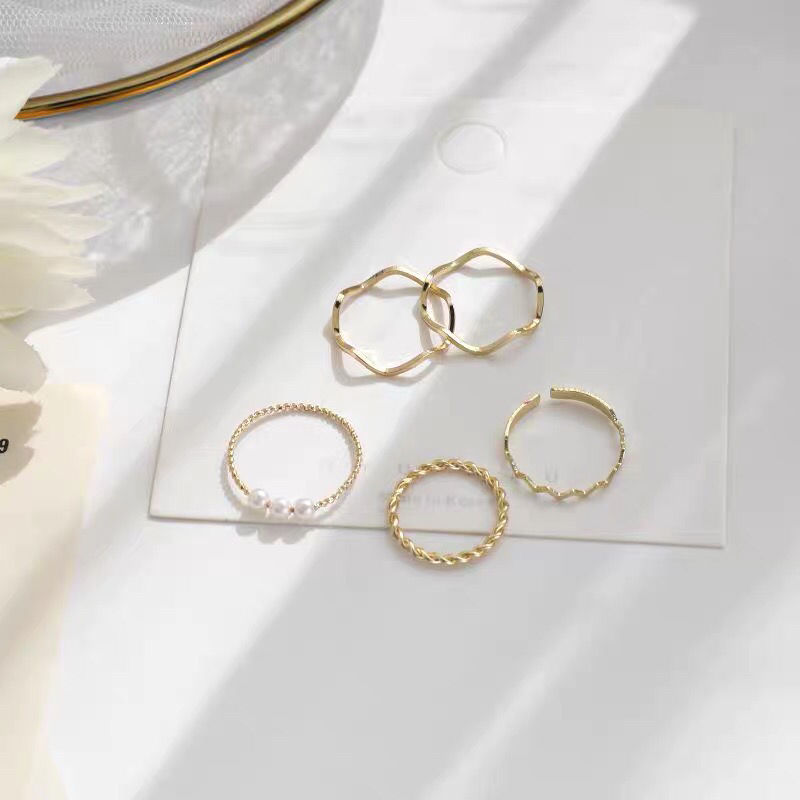 AY(CN) Ifyou Set Cincin Metal Desain Geometri Hias Mutiara Gaya Korea Aksesoris Wanita
