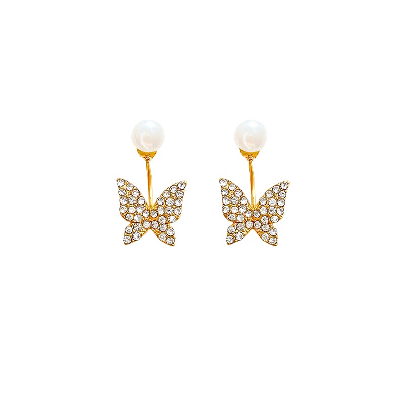 Anting Stud 925 silver needle Bentuk Kupu-Kupu Aksen Mutiara