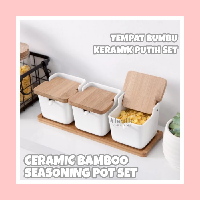Tempat Bumbu Keramik Putih Dengan Sendok Ceramic Seasoning Rack 3In1
