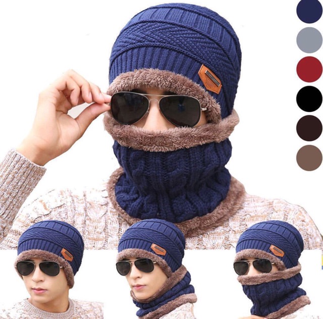 Beanie Hat + Neck warmer 1 set topi kupluk dan penghangat leher winter topi musim dingin hangat pria