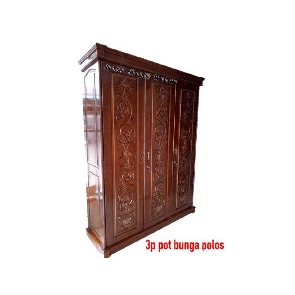 Lemari Pakaian 3 Pintu Kayu - Lemari Pakaian Minimalis Kayu corak Pot Bunga uk 150x205cm - Medan