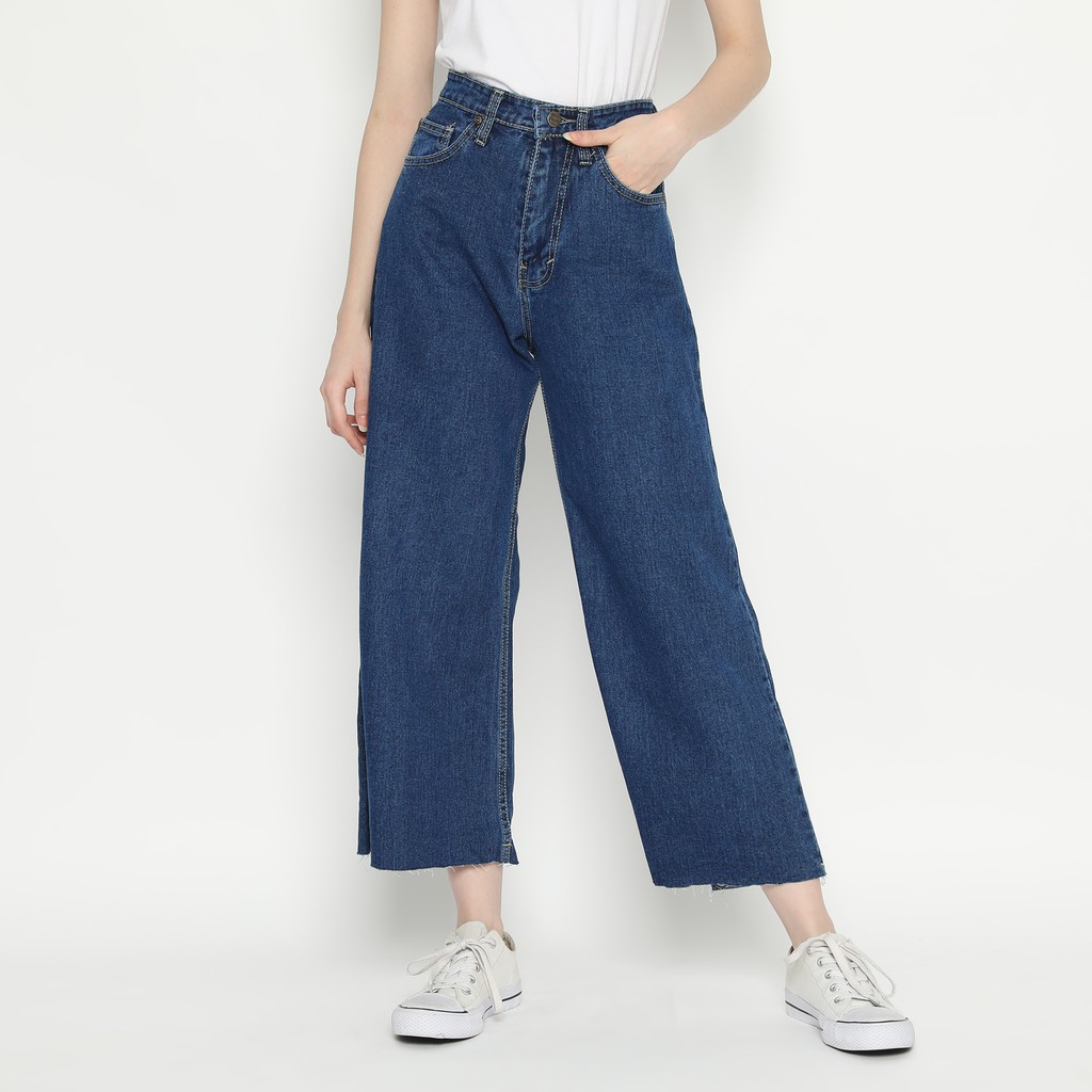 Esrocte Celana  Kulot Unfinished High  Waist  Jeans Wanita 