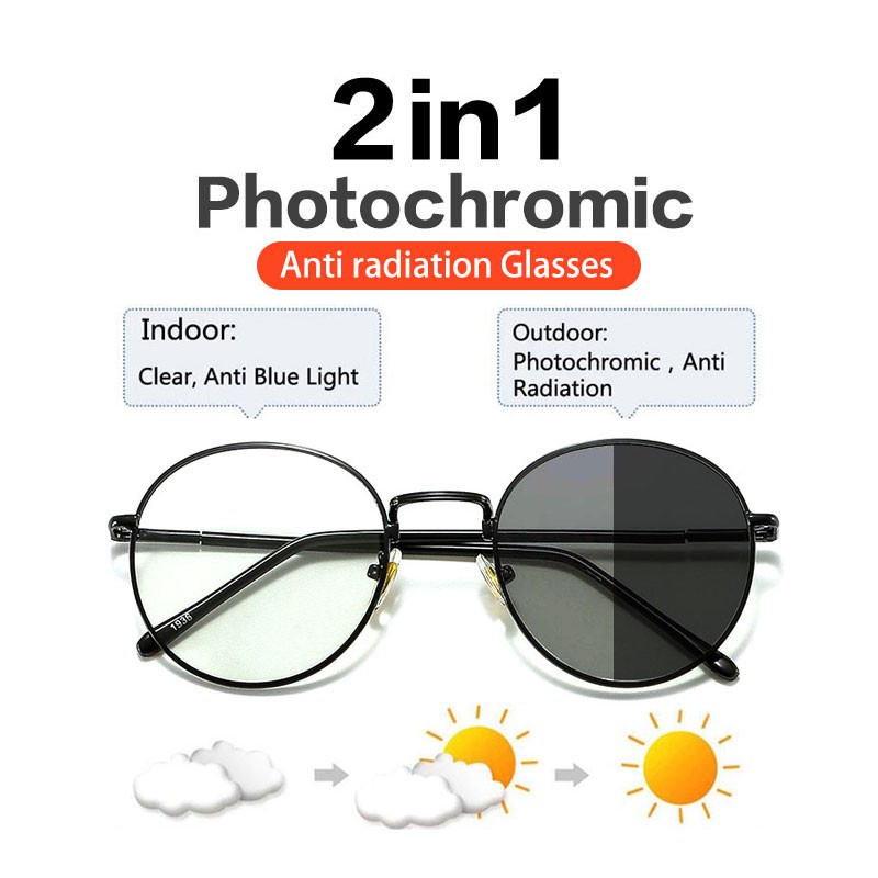 ♥TMALL88♥Kacamata 2 In 1 Lensa Photocromic Anti Radiasi Pria Wanita Anti UV KM298