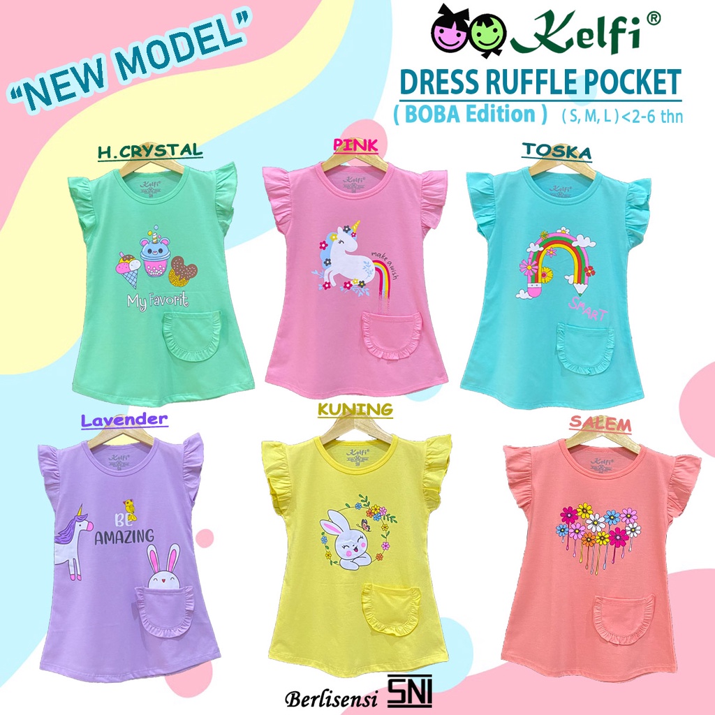 KELFI DRESS RUFFLE POCKET ANAK USIA 2 - 6 TAHUN =&gt; NEW LAUNCHING