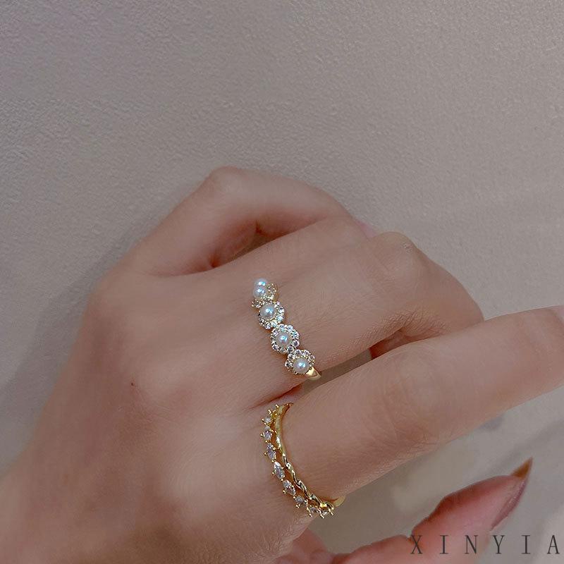 【COD】Cincin Berlian Mutiara Double layer Model Terbuka Adjustable Gaya Retro