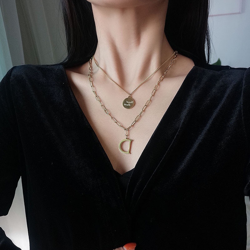Kalung dua layer D good luck titanium korea style anti karat