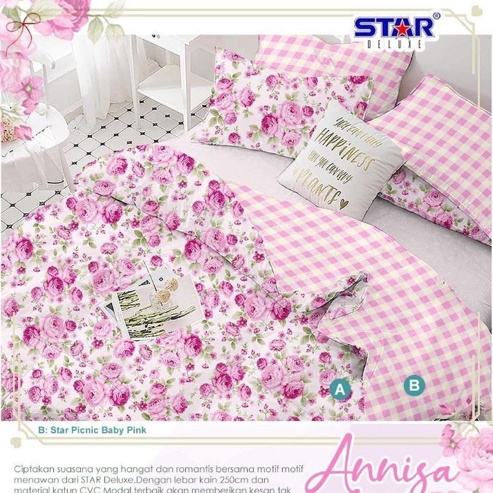 Sprei Motif Anisa Pink Sarung Bantal Guling Kotak Kotak Baby Pink
