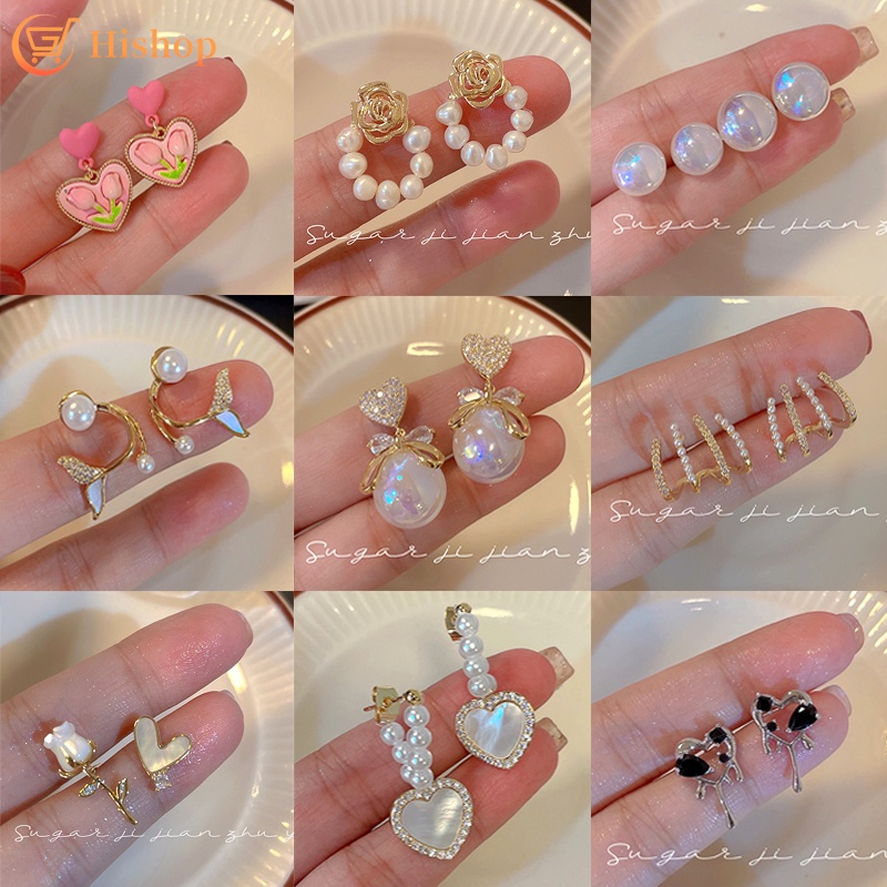 Set Anting Stud Hias Mutiara Kristal Bunga Hati Warna-Warni Gaya Korea Untuk Wanita