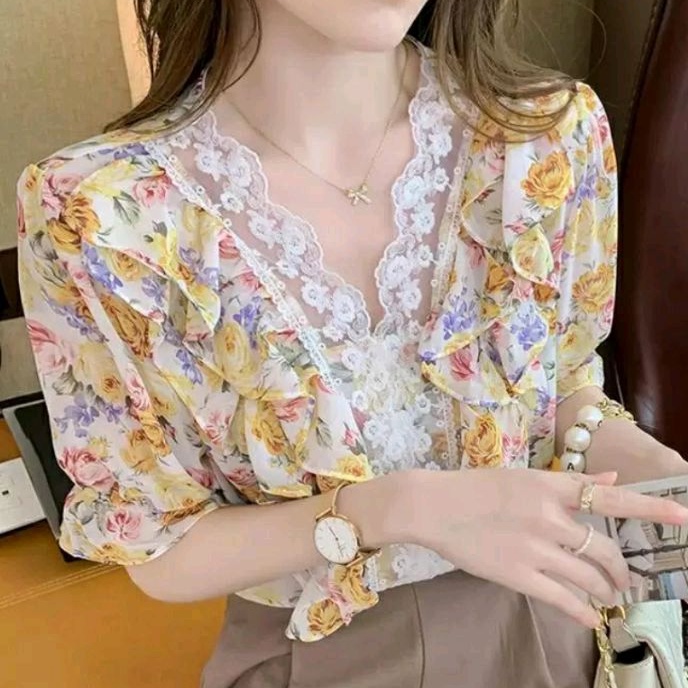 2422 Baju atasan kemeja blouse lengan pendek kerah vneck motif bunga Korean style wanita import baju