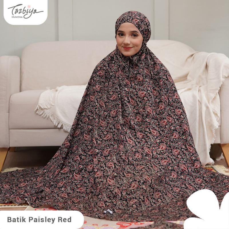 Mukena Tazbiya Batik Paisley Series Red/Green Jumbo Dewasa Katun Rayon Adem Motif Cantik
