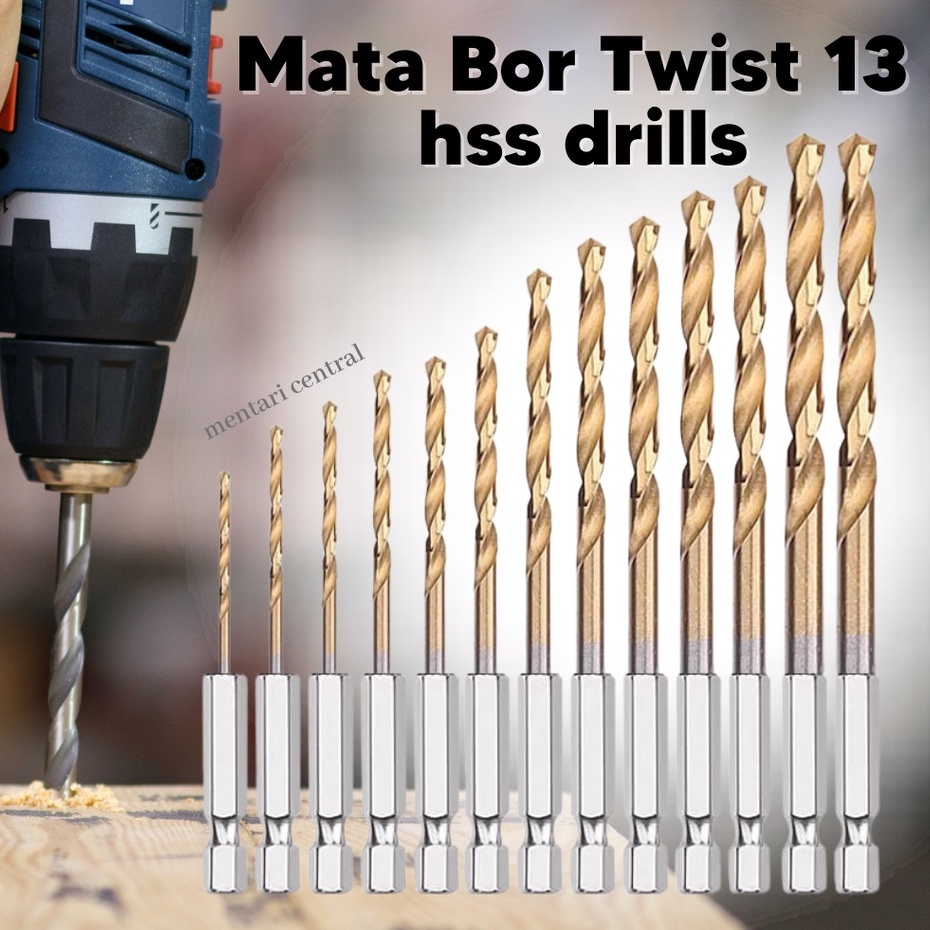 MATA BOR BESI TWIST HSS STEEL TITANIUM SET 13PCS UKURAN 1,5MM - 6,5MM