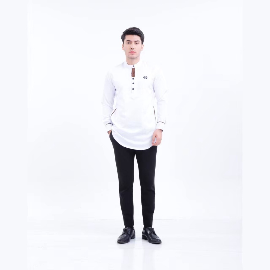 PROGRESS MAN baju koko pria lengan panjang koko kurta pangsi kemeja koko pria lengan panjang koko kurta pangsi baju kurta pangsi dewasa logo bordir Putih P4N9S108