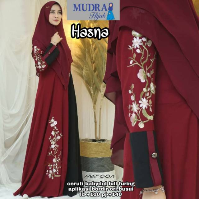 Hasna Baju Gamis Syari Syar'i Set Khimar Jilbab LD 110 Premium Busui Friendly Ceruty Bordir Murah XL