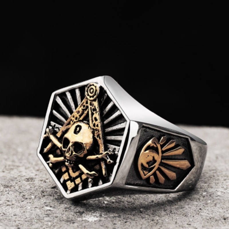 Cincin Desain Tengkorak Freemason Totem Heksagonal Masonic Untuk Pria