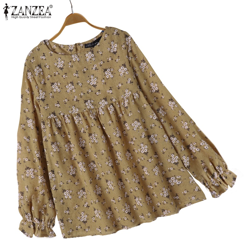 ZANZEA Women O Neck Long Flare Sleeve Printed Elastic Cuff Casual Blouse