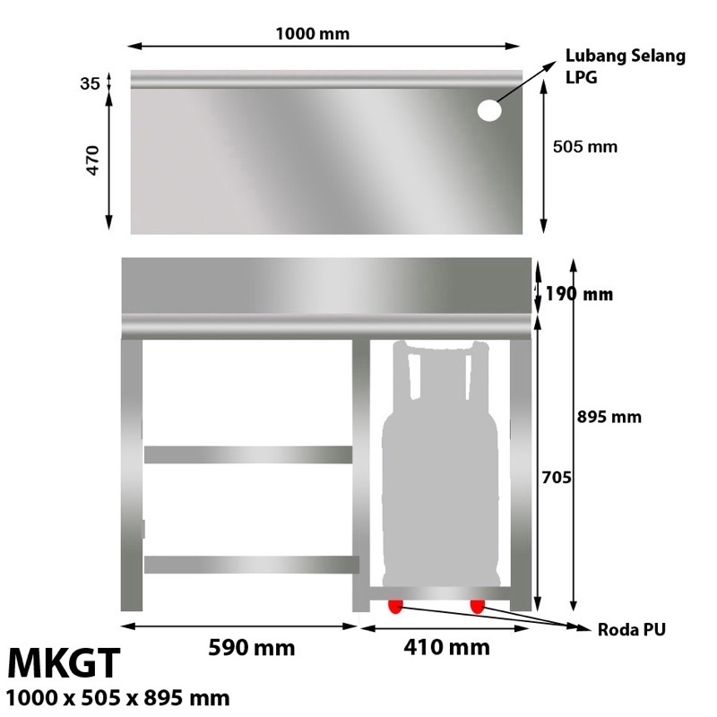 MEJA KOMPOR STAINLESS MKGT MRDAPUR DENGAN RAK RODA LPG