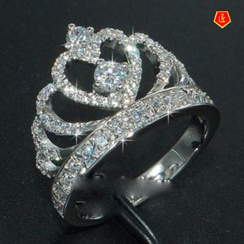 [Ready Stock]Women's Crown Zircon Silver Ring Fashion Creative